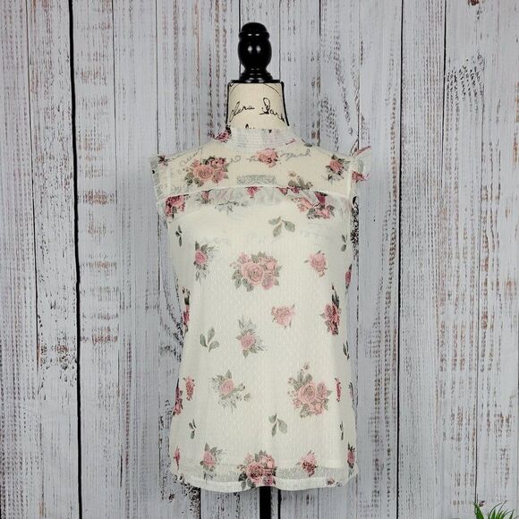 NWT No Boundaries Large Cream & Pink Floral Ruffles Lace Dainty Loose Fit Blouse - Picture 1 of 10